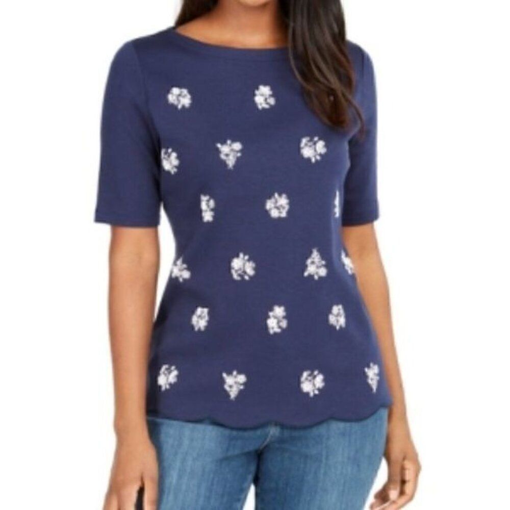 Karen Scott Printed Scalloped Cotton Top Sz M - Picture 10 of 11